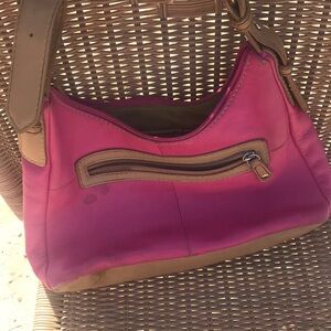 Pink Leather Shoulder Bag with Tan Trim